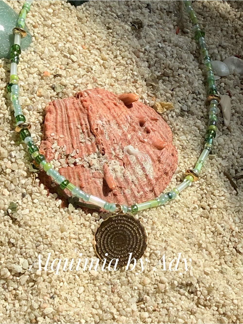 The Lord’s Prayer Green Beaded Necklace with 14k Gold Pendant